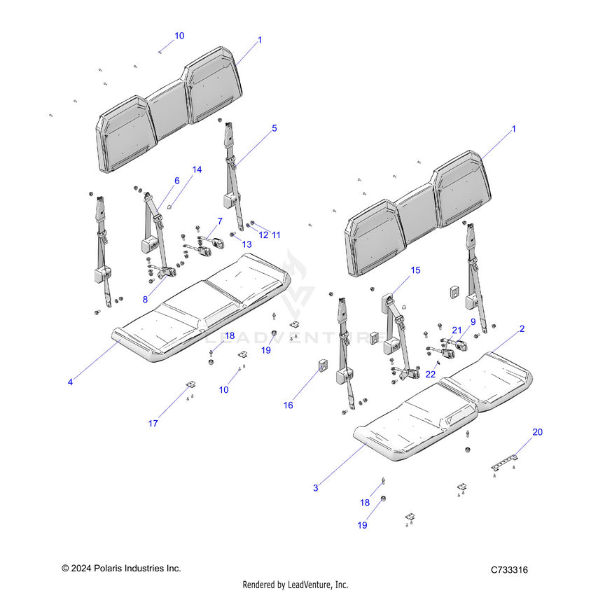 An Image of a Genuine Polaris Parts Schematic Diagram showing the schematic - BODY: SEATS - 2025 POLARIS RANGER 1000 CREW