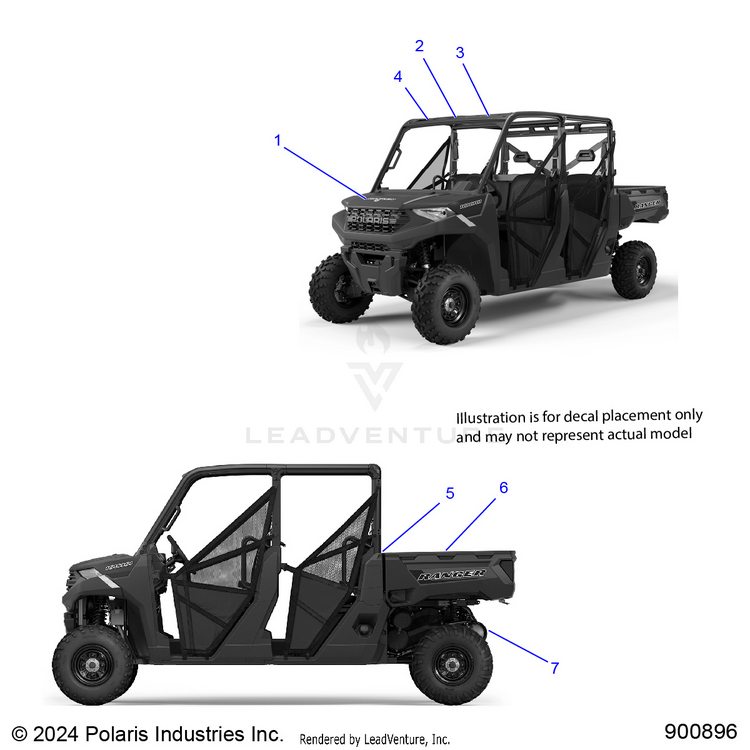 An Image of a Genuine Polaris Parts Schematic Diagram showing the schematic - BODY: DECAL GENERAL - 2025 POLARIS RANGER 1000 CREW