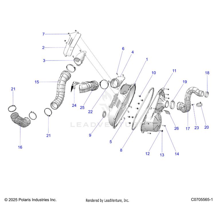 An Image of a Genuine Polaris Parts Schematic Diagram showing the schematic - DRIVE TRAIN: CLUTCH COVER AND DUCTING - 2026 POLARIS GENERAL 1000 PREMIUM