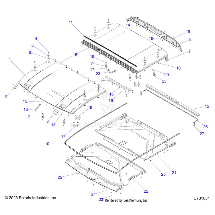 An Image of a Genuine Polaris Parts Schematic Diagram showing the schematic - BODY: ROOF - 2024 POLARIS RANGER XD 1500 PREMIUM CREW