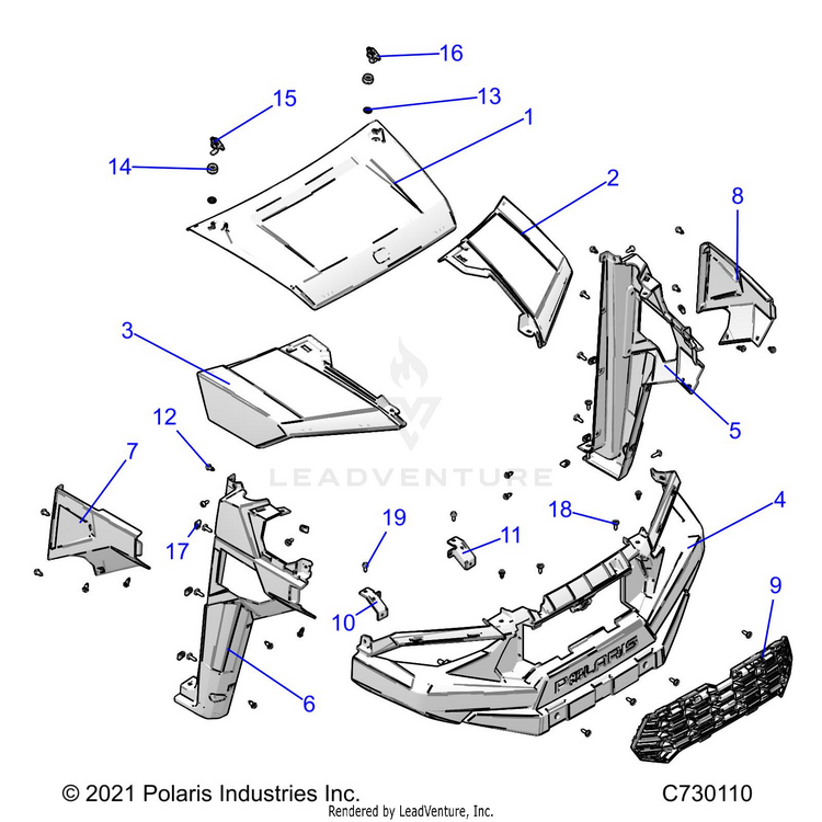 An Image of a Genuine Polaris Parts Schematic Diagram showing the schematic - BODY: HOOD & FRONT FENDERS - 2023 POLARIS RANGER 570 CREW NORTHSTAR