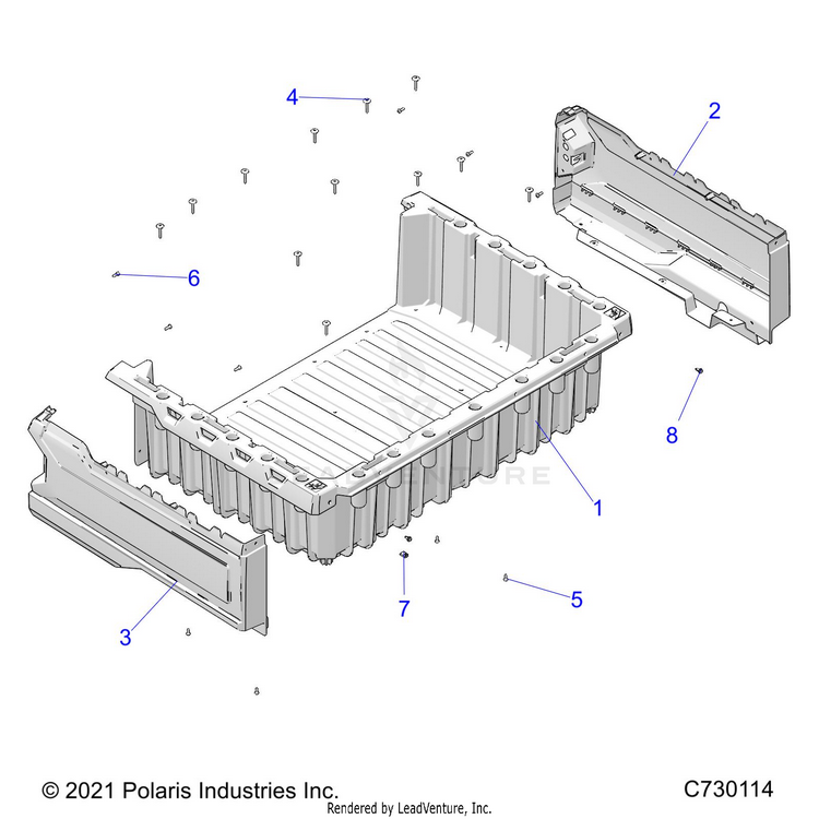 An Image of a Genuine Polaris Parts Schematic Diagram showing the schematic - BODY: BOX - 2022 POLARIS RANGER 570 NORTHSTAR