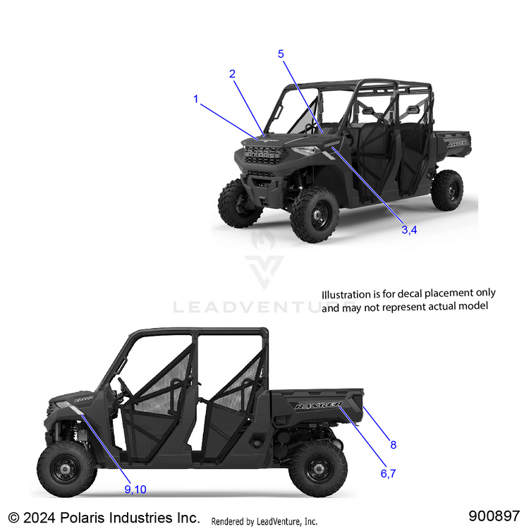 An Image of a Genuine Polaris Parts Schematic Diagram showing the schematic - BODY: DECALS GRAPHIC - 2025 POLARIS RANGER 1000 CREW