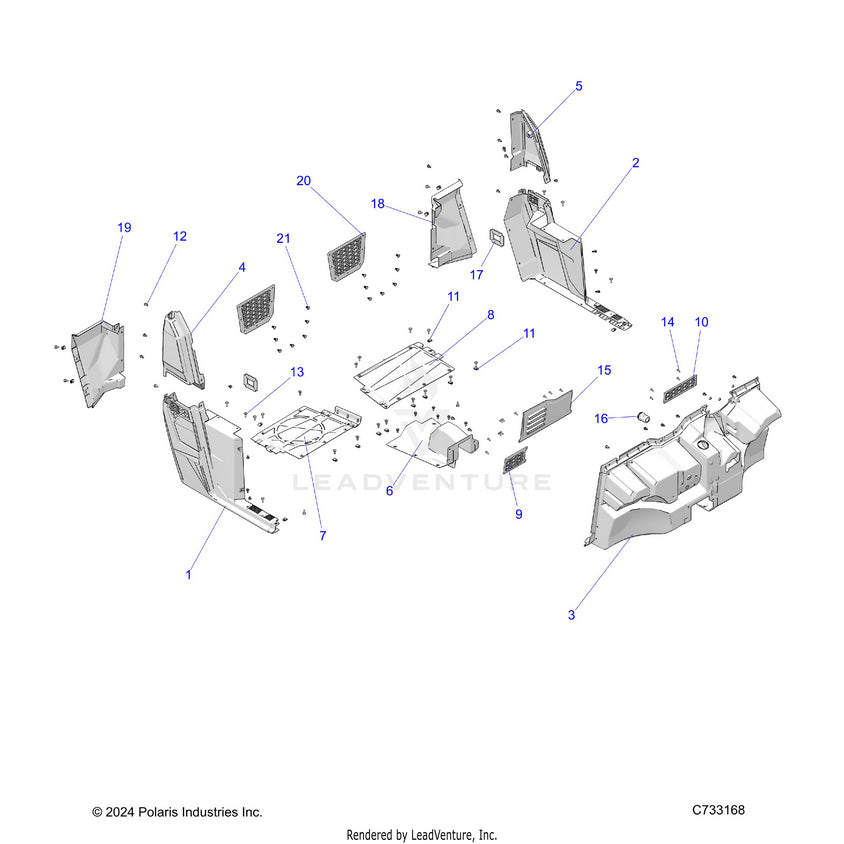 An Image of a Genuine Polaris Parts Schematic Diagram showing the schematic - BODY: FLOOR & ROCKERS - 2024 POLARIS RANGER 570 NORTHSTAR