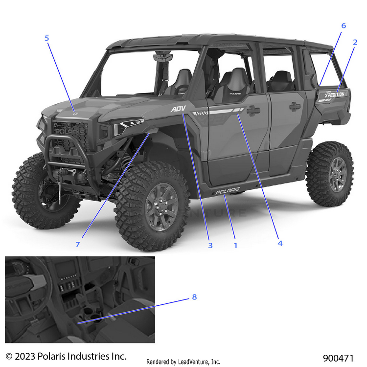 An Image of a Genuine Polaris Parts Schematic Diagram showing the schematic - BODY: DECALS GRAPHICS (2) - 2024 POLARIS XPEDITION ADV 5 ULTIMATE