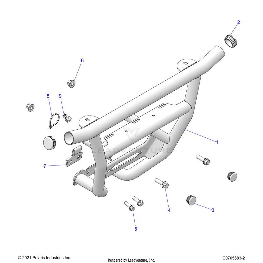An Image of a Genuine Polaris Parts Schematic Diagram showing the schematic - CHASSIS: FRONT BUMPER - 2023 POLARIS GENERAL XP 4 1000 SPORT