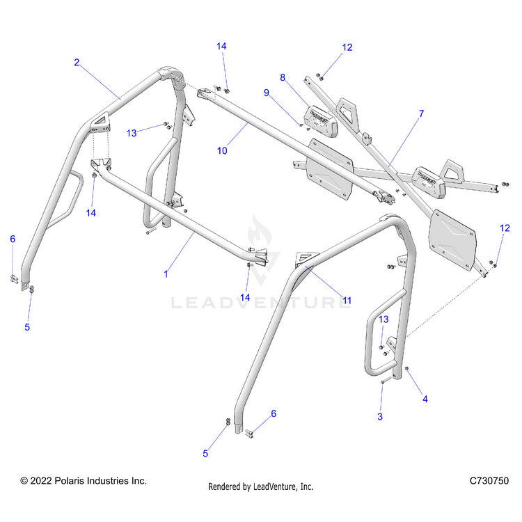 An Image of a Genuine Polaris Parts Schematic Diagram showing the schematic - CHASSIS: CAB FRAME - 2023 POLARIS RANGER 570 FULL SIZE