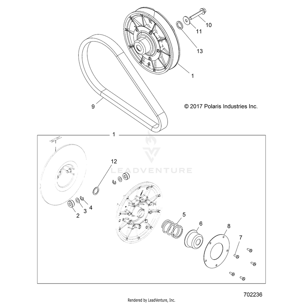 An Image of a Genuine Polaris Parts Schematic Diagram showing the schematic - DRIVE TRAIN: SECONDARY CLUTCH - 2018 POLARIS RANGER CREW XP 900 6P SP