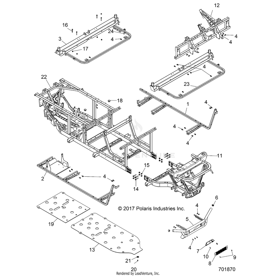 An Image of a Genuine Polaris Parts Schematic Diagram showing the schematic - CHASSIS: FRAME & FRONT BUMPER - 2018 POLARIS RANGER CREW 570