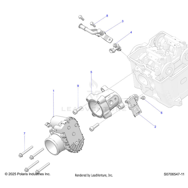 An Image of a Genuine Polaris Parts Schematic Diagram showing the schematic - ENGINE: THROTTLE BODY FUEL RAIL & INJECTOR - 2026 POLARIS RANGER 570 NORTHSTAR