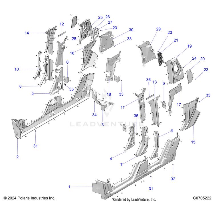 An Image of a Genuine Polaris Parts Schematic Diagram showing the schematic - BODY: LOWER ROCKERS REAR FENDERS PILLARS - 2024 POLARIS XPEDITION XP5 ULTIMATE