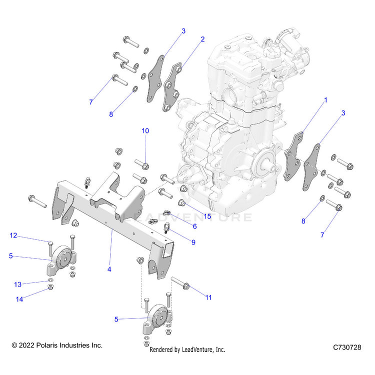 An Image of a Genuine Polaris Parts Schematic Diagram showing the schematic - ENGINE: TRANSMISSION MOUNTING & LONG BLOCK - 2025 POLARIS RANGER 570 CREW FULL SIZE