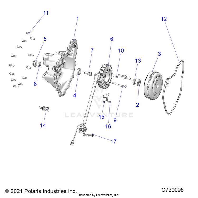 An Image of a Genuine Polaris Parts Schematic Diagram showing the schematic - ENGINE: STATOR COVER & FLYWHEEL - 2023 POLARIS RANGER 570 NORTHSTAR