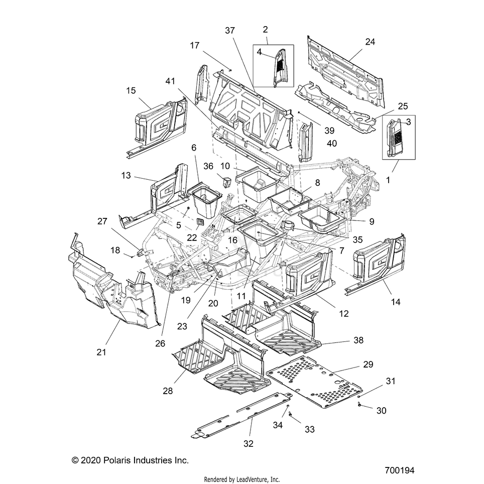 An Image of a Genuine Polaris Parts Schematic Diagram showing the schematic - BODY: FLOOR & FENDERS - 2016 POLARIS RANGER CREW 1000 DIESEL