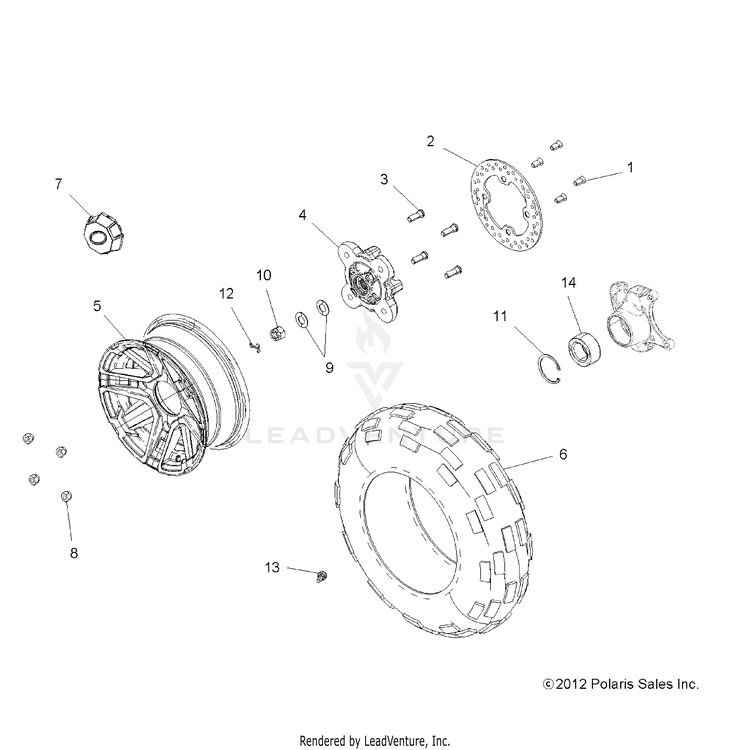 An Image of a Genuine Polaris Parts Schematic Diagram showing the schematic - WHEELS: FRONT - 2018 POLARIS RANGER CREW 1000 EPS
