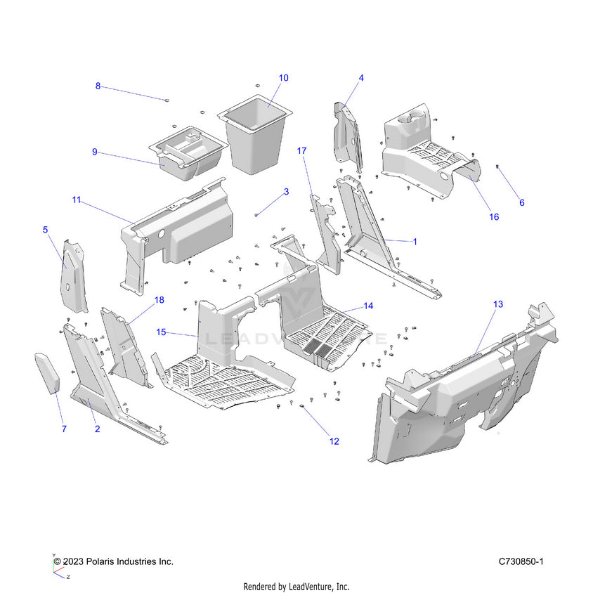 An Image of a Genuine Polaris Parts Schematic Diagram showing the schematic - BODY: FRONT FLOOR & ROCKERS - 2024 POLARIS RANGER 1000 XP CREW TEXAS EDITION