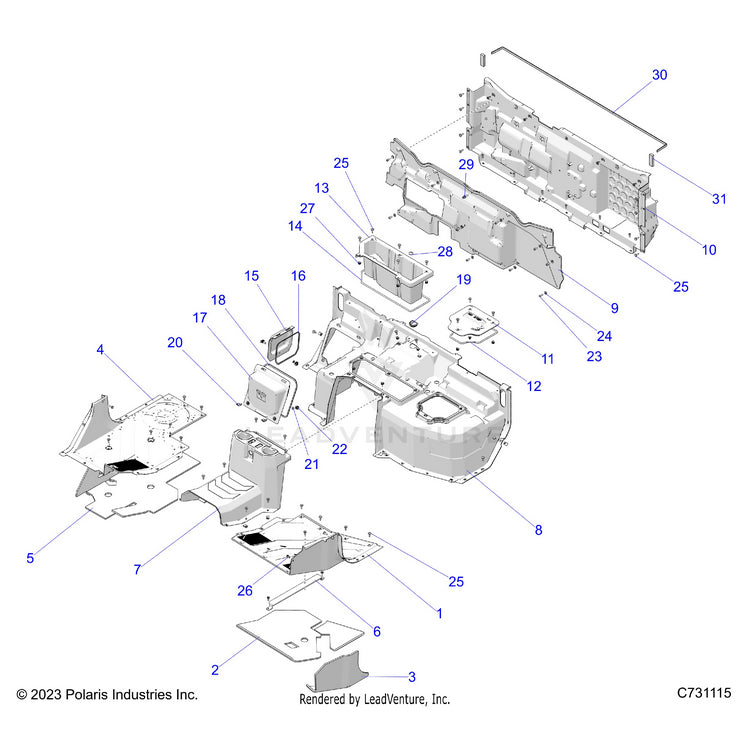 An Image of a Genuine Polaris Parts Schematic Diagram showing the schematic - BODY: FLOOR & REAR CLOSEOFF - 2025 POLARIS RANGER XD 1500 NORTHSTAR ULTIMATE CREW