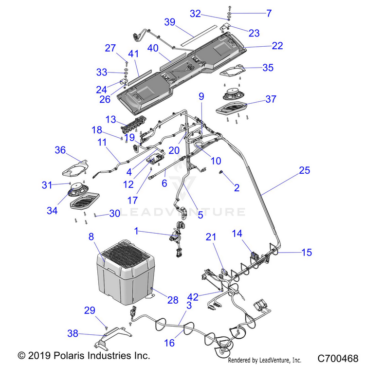 An Image of a Genuine Polaris Parts Schematic Diagram showing the schematic - ELECTRICAL: ROOF PREP AUDIO - 2019 POLARIS RANGER XP 1000 NORTHSTAR FACTORY CHOICE