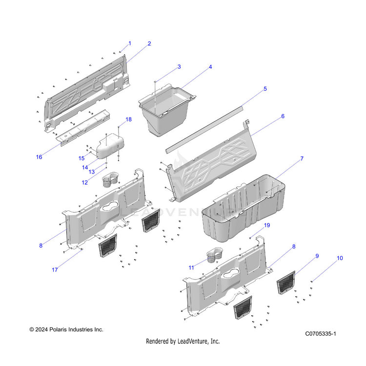 An Image of a Genuine Polaris Parts Schematic Diagram showing the schematic - BODY: FLOOR CLOSEOFFS & BIN - 2022 POLARIS RANGER CREW 570 NORTHSTAR