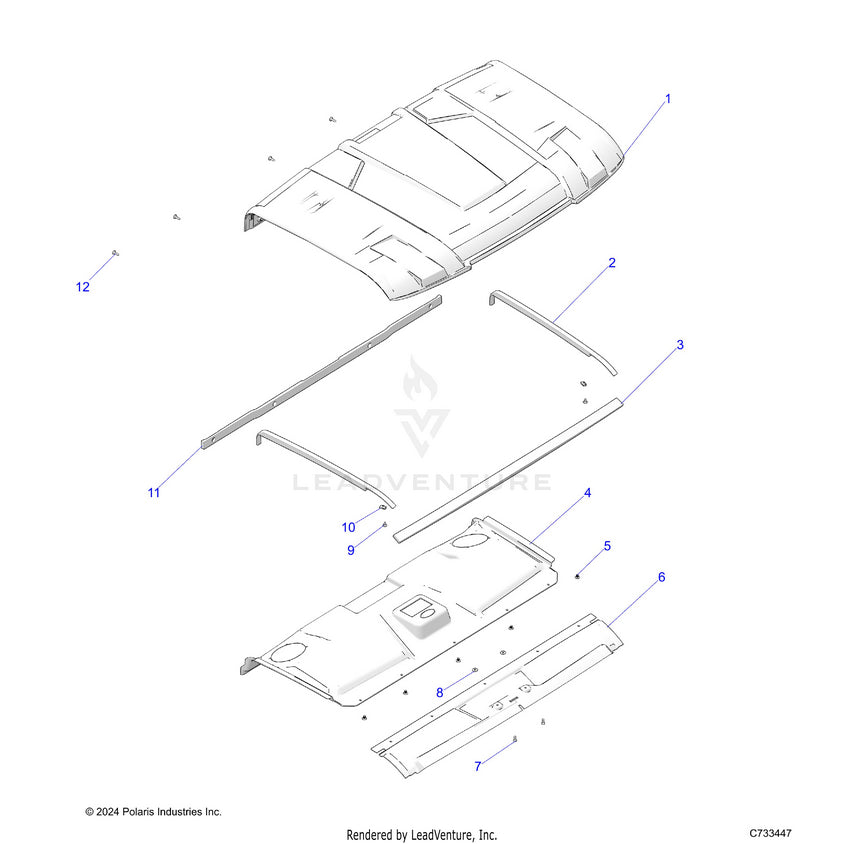 An Image of a Genuine Polaris Parts Schematic Diagram showing the schematic - BODY: ROOF - 2025 POLARIS RANGER 1000 XP NORTHSTAR PREMIUM TIP OUT WINDSHIELD