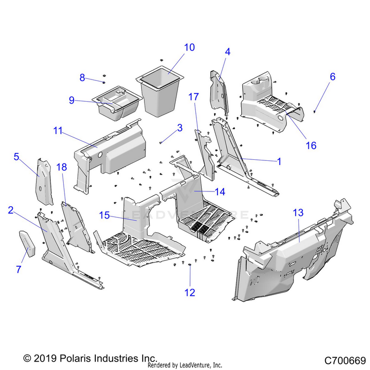 An Image of a Genuine Polaris Parts Schematic Diagram showing the schematic - BODY: FRONT FLOOR & ROCKERS - 2020 POLARIS RANGER CREW XP 1000 EPS NORTHSTAR RIDE COMMAND