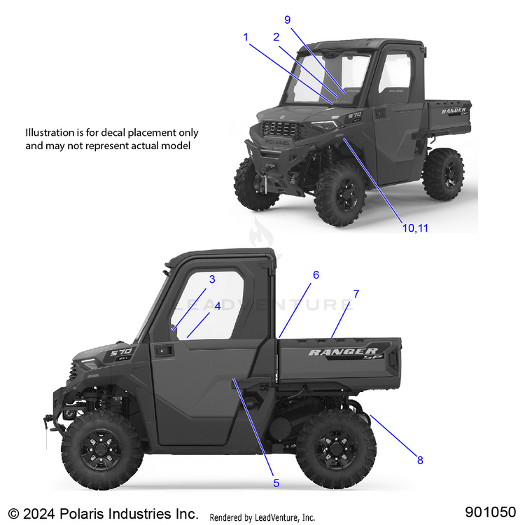 An Image of a Genuine Polaris Parts Schematic Diagram showing the schematic - BODY: DECALS GENERAL - 2025 POLARIS RANGER 570 NORTHSTAR