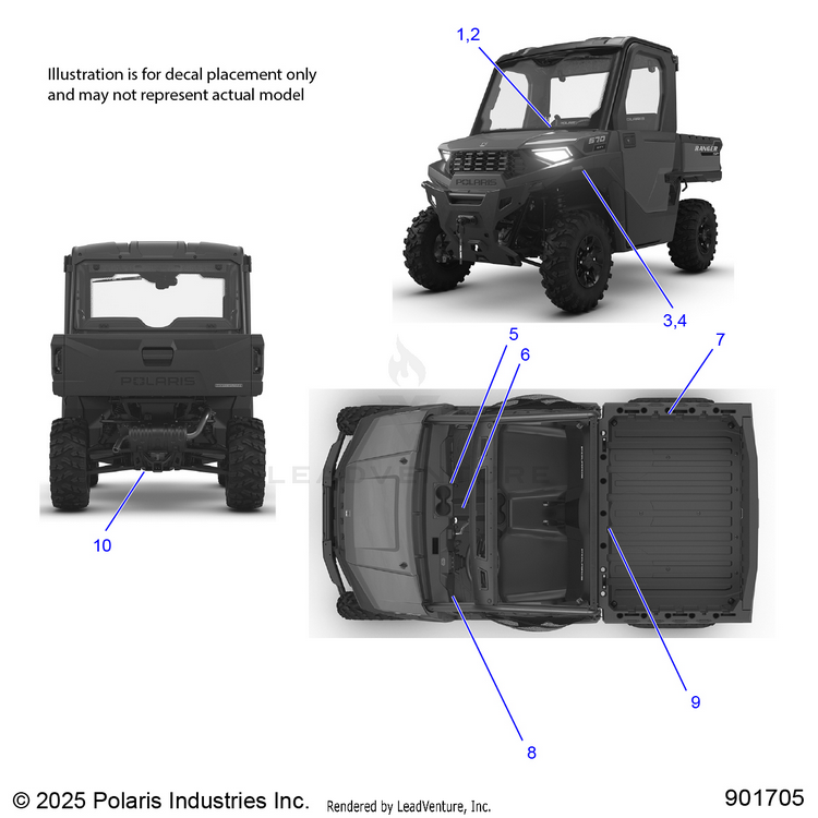 An Image of a Genuine Polaris Parts Schematic Diagram showing the schematic - BODY: DECALS GENERAL - 2026 POLARIS RANGER 570 NORTHSTAR