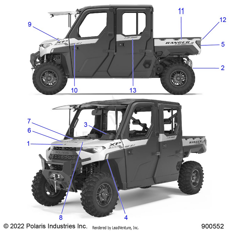 An Image of a Genuine Polaris Parts Schematic Diagram showing the schematic - BODY: DECALS GRAPHIC - 2023 POLARIS RANGER CREW XP 1000 NORTHSTAR ULTIMATE TRAIL BOSS