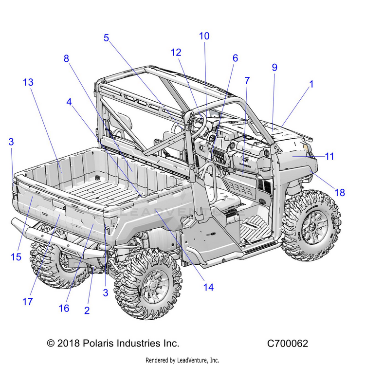 An Image of a Genuine Polaris Parts Schematic Diagram showing the schematic - BODY: DECALS - 2020 POLARIS RANGER XP 1000 EPS