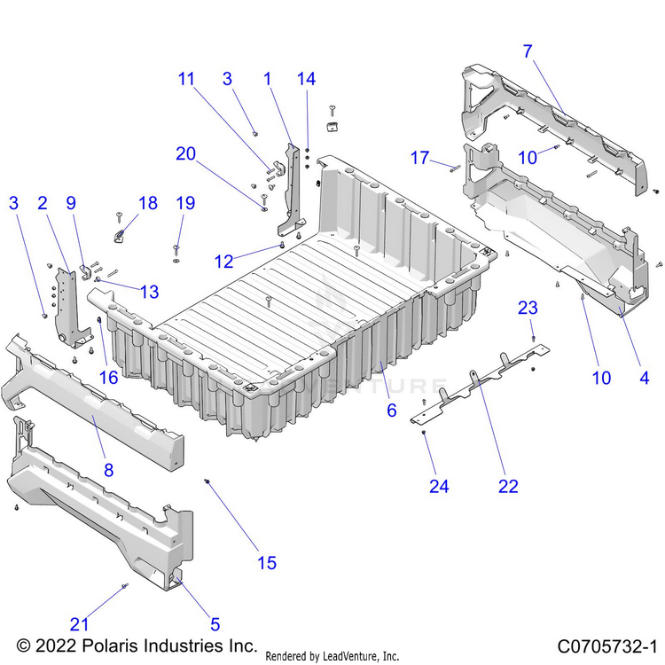 An Image of a Genuine Polaris Parts Schematic Diagram showing the schematic - BODY: BOX - 2022 POLARIS RANGER XP 1000 WATERFOWL EVAP