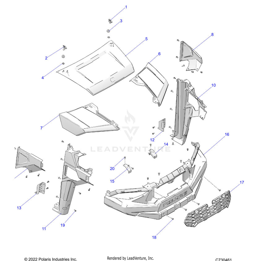 An Image of a Genuine Polaris Parts Schematic Diagram showing the schematic - BODY: HOOD & FRONT FENDERS - 2023 POLARIS RANGER 570 CREW