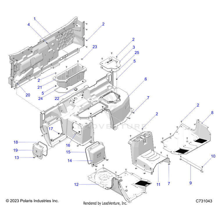 An Image of a Genuine Polaris Parts Schematic Diagram showing the schematic - BODY: FLOOR & REAR CLOSEOFF - 2024 POLARIS RANGER XD 1500 PREMIUM CREW