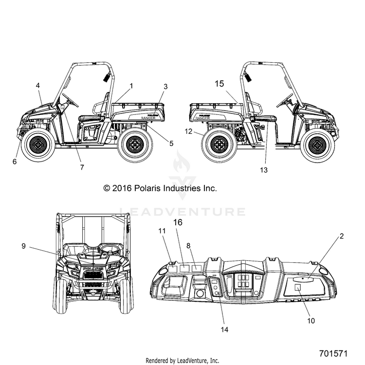 An Image of a Genuine Polaris Parts Schematic Diagram showing the schematic - BODY: DECALS - 2018 POLARIS RANGER EV