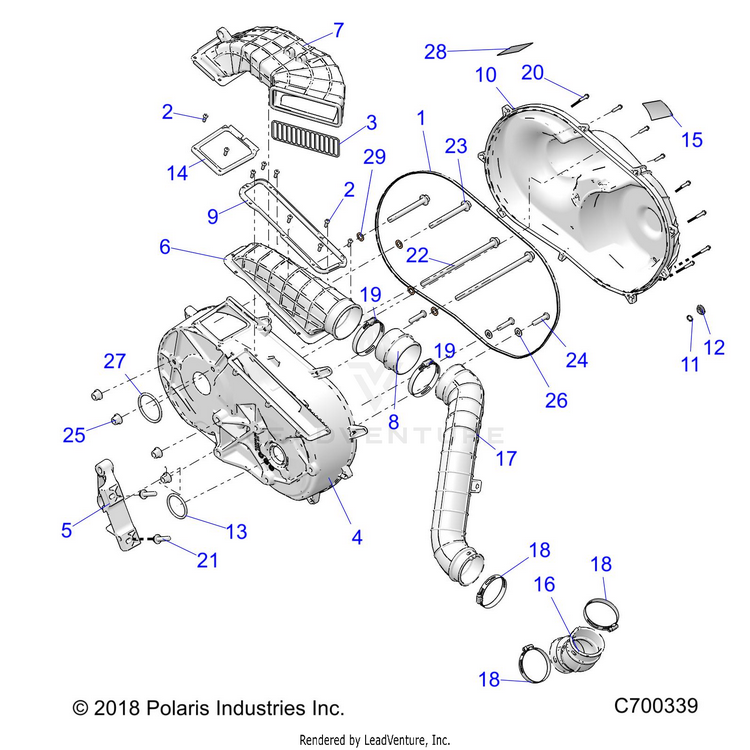 An Image of a Genuine Polaris Parts Schematic Diagram showing the schematic - DRIVE TRAIN: CLUTCH COVER & DUCTING - 2022 POLARIS RANGER CREW XP 1000 NORTHSTAR ULTIMATE