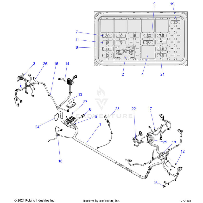 An Image of a Genuine Polaris Parts Schematic Diagram showing the schematic - ELECTRICAL: WIRE HARNESS - 2024 POLARIS RANGER 1000 CREW