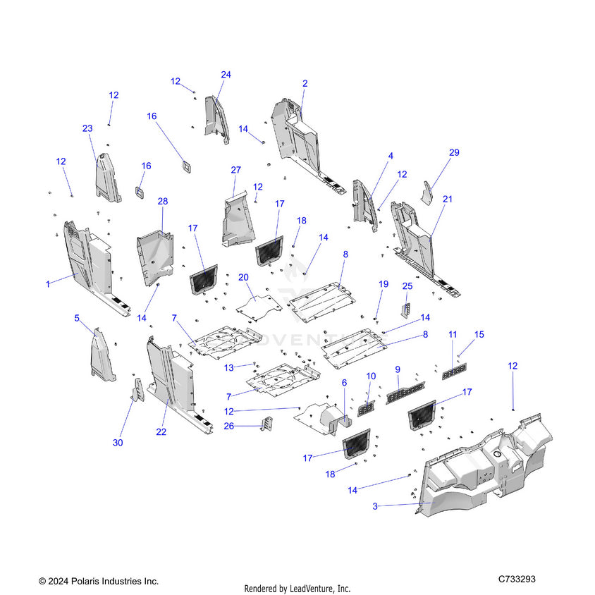 An Image of a Genuine Polaris Parts Schematic Diagram showing the schematic - BODY: FLOOR & ROCKERS - 2024 POLARIS RANGER 570 CREW