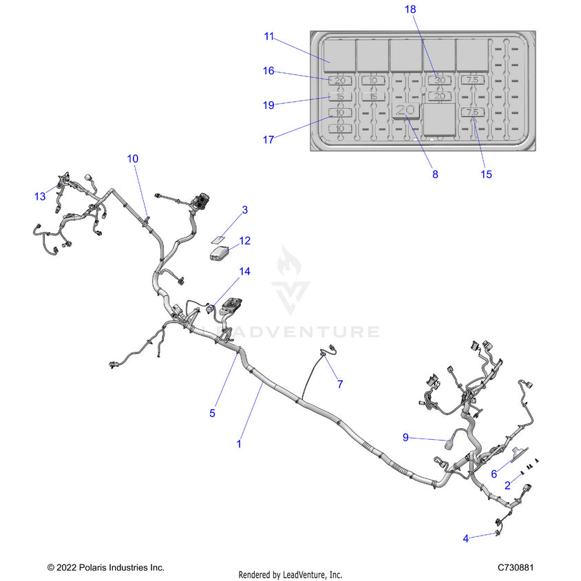 An Image of a Genuine Polaris Parts Schematic Diagram showing the schematic - ELECTRICAL: WIRE HARNESSES CHASSIS - 2024 POLARIS RANGER 1000 XP CREW
