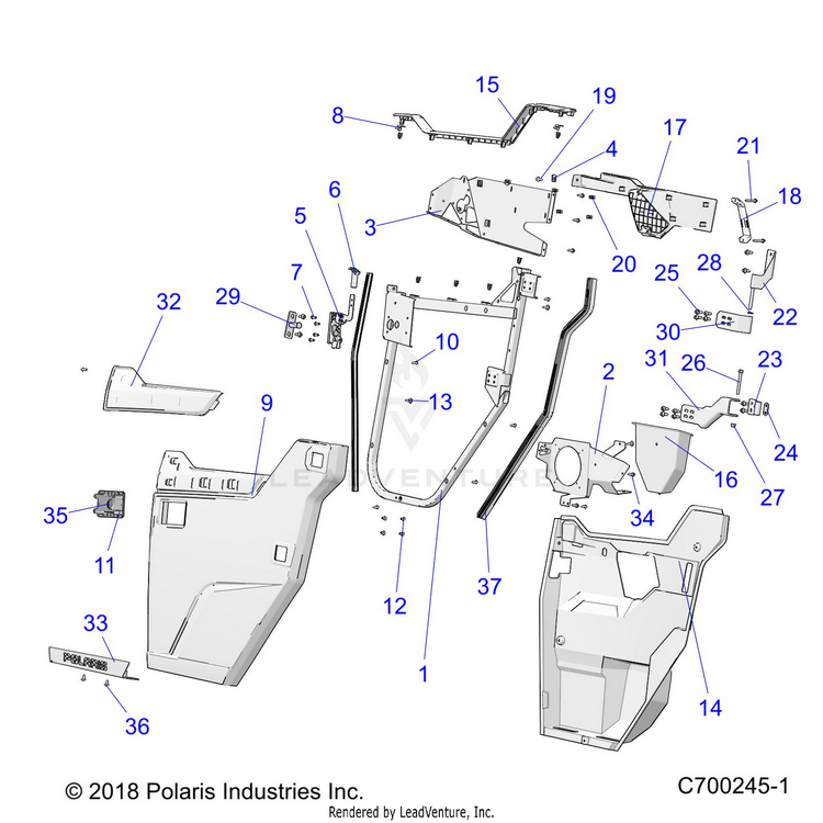 An Image of a Genuine Polaris Parts Schematic Diagram showing the schematic - BODY: FRONT DOORS - 2019 POLARIS RANGER CREW XP 1000 EPS HIGH LIFTER