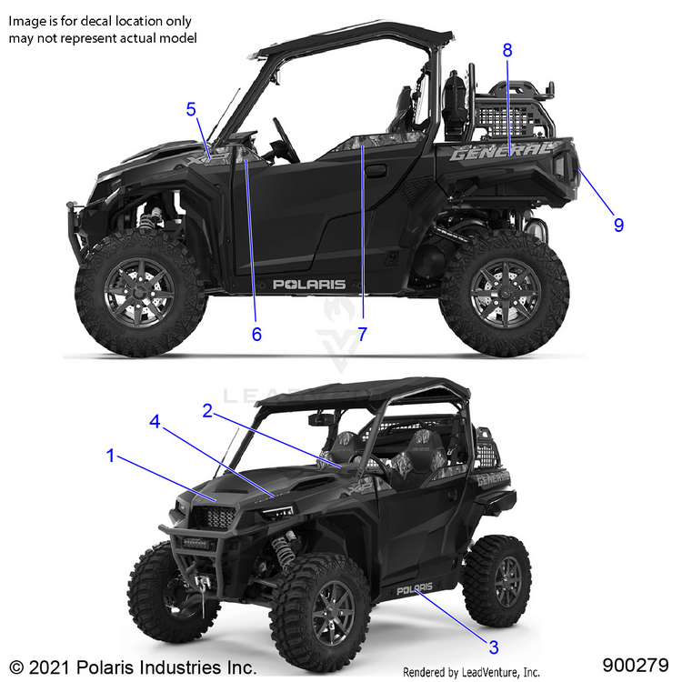 An Image of a Genuine Polaris Parts Schematic Diagram showing the schematic - BODY: DECALS - 2021 POLARIS GENERAL XP 1000 HUNTER
