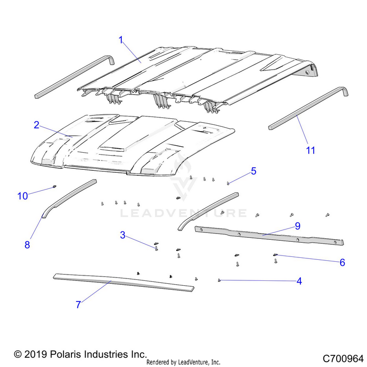 An Image of a Genuine Polaris Parts Schematic Diagram showing the schematic - BODY: ROOF - 2020 POLARIS RANGER CREW XP 1000 EPS TX CA