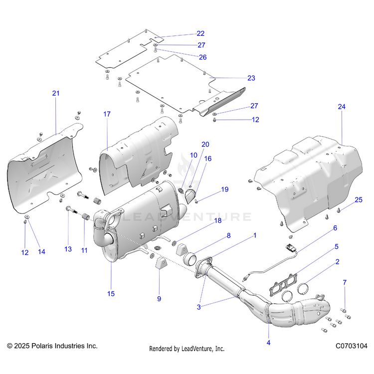 An Image of a Genuine Polaris Parts Schematic Diagram showing the schematic - ENGINE: EXHAUST SYSTEM - 2025 POLARIS GENERAL XP 4 1000 ULTIMATE