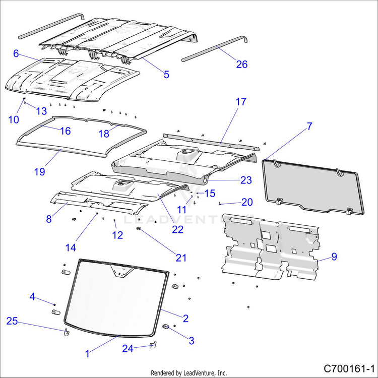 An Image of a Genuine Polaris Parts Schematic Diagram showing the schematic - BODY: ROOF & CAB - 2019 POLARIS RANGER CREW XP 1000 NORTHSTAR
