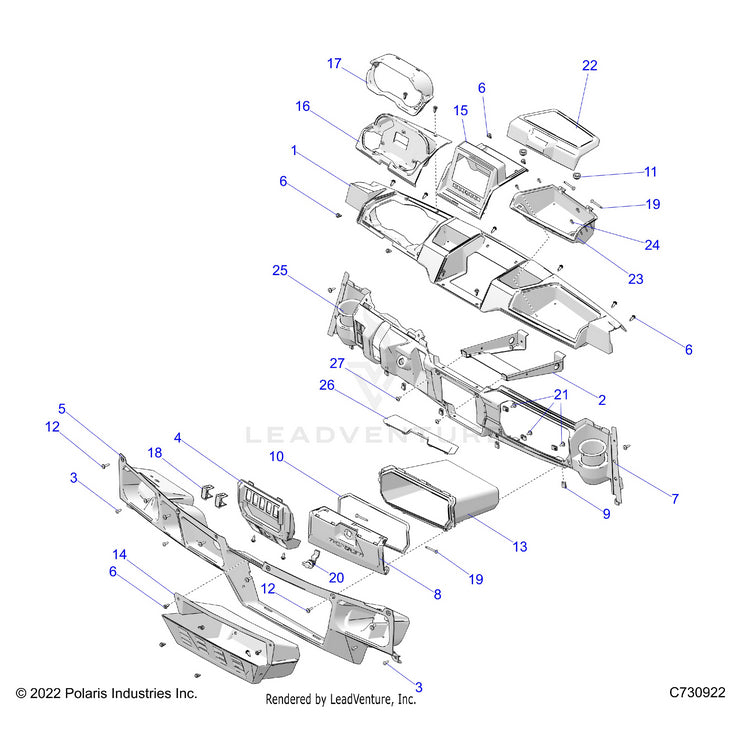 An Image of a Genuine Polaris Parts Schematic Diagram showing the schematic - BODY: DASH - 2024 POLARIS RANGER 1000 XP CREW NORTHSTAR ULTIMATE TRAIL BOSS