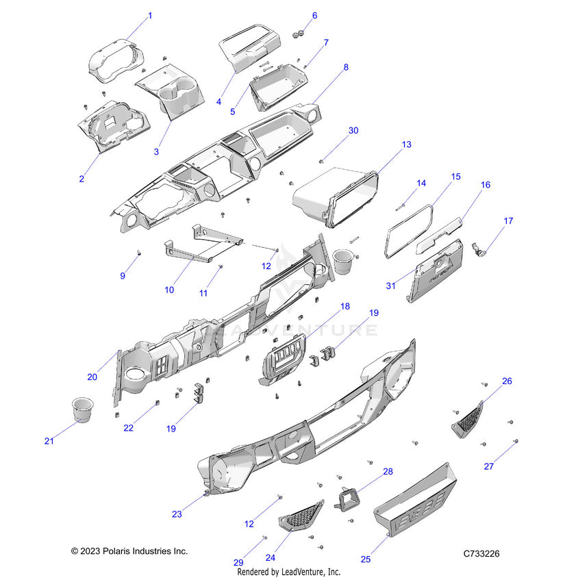 An Image of a Genuine Polaris Parts Schematic Diagram showing the schematic - BODY: DASH - 2025 POLARIS RANGER 1000 XP NORTHSTAR PREMIUM