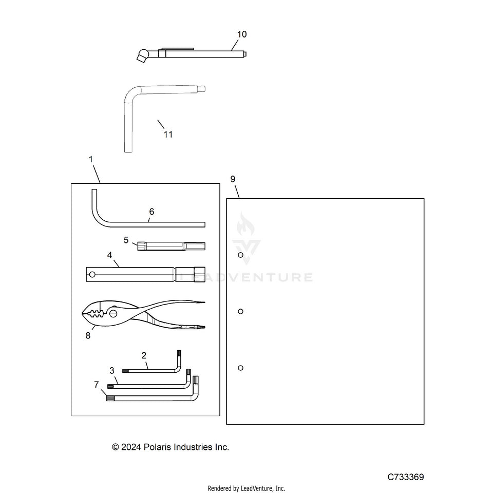 An Image of a Genuine Polaris Parts Schematic Diagram showing the schematic - REFERENCE: TOOL KIT & OWNERS MANUALS - 2025 POLARIS RANGER 570 CREW