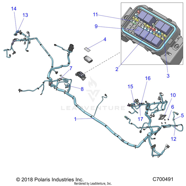 An Image of a Genuine Polaris Parts Schematic Diagram showing the schematic - ELECTRICAL: WIRE HARNESS - 2019 POLARIS RANGER CREW XP 1000 49S FACTORY CHOICE