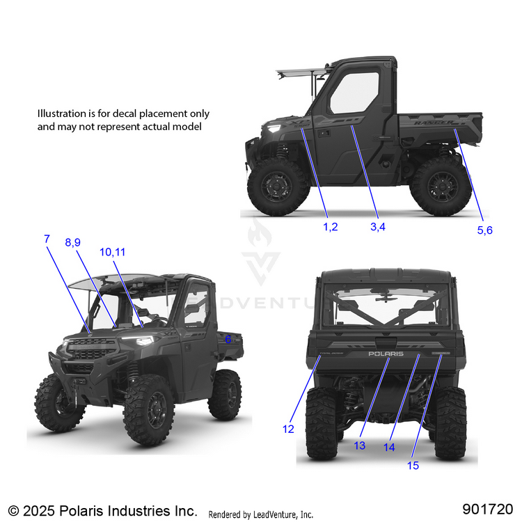 An Image of a Genuine Polaris Parts Schematic Diagram showing the schematic - BODY: DECALS GRAPHICS - 2026 POLARIS RANGER 1000 XP NORTHSTAR ULTIMATE TRAIL BOSS