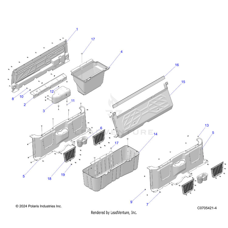 An Image of a Genuine Polaris Parts Schematic Diagram showing the schematic - BODY: FLOOR CLOSEOFFS & BIN - 2022 POLARIS RANGER CREW 570 RIDE COMMAND