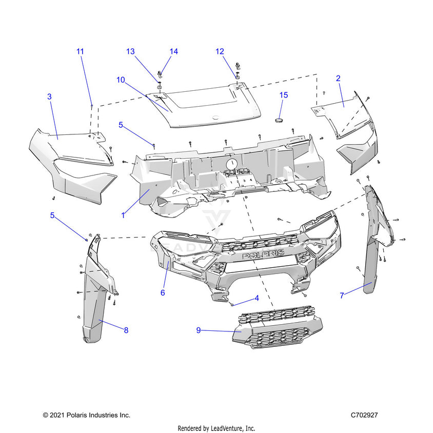 An Image of a Genuine Polaris Parts Schematic Diagram showing the schematic - BODY: HOOD & FRONT FACIA - 2022 POLARIS RANGER CREW XP 1000 BIG GAME EVAP