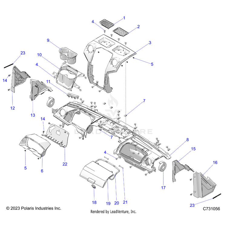 An Image of a Genuine Polaris Parts Schematic Diagram showing the schematic - BODY: DASH UPPER & A-PILLARS - 2025 POLARIS RANGER XD 1500 NORTHSTAR CREW